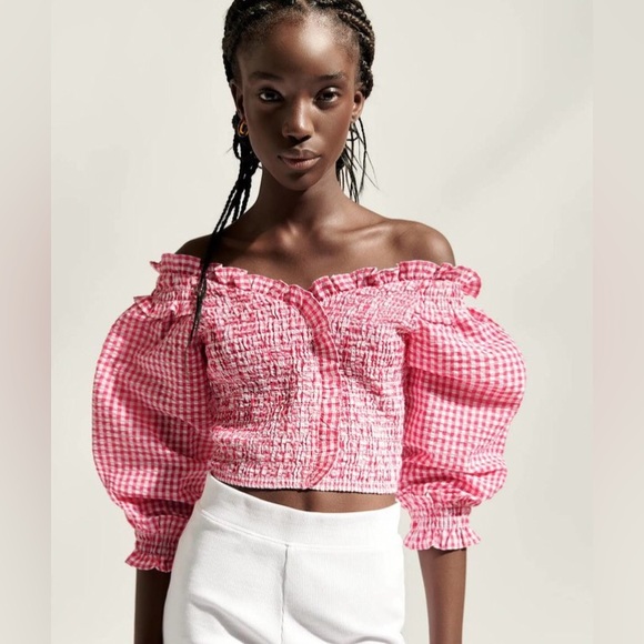 ZARA red/white stretch gingham smocked top size small - Picture 2 of 11